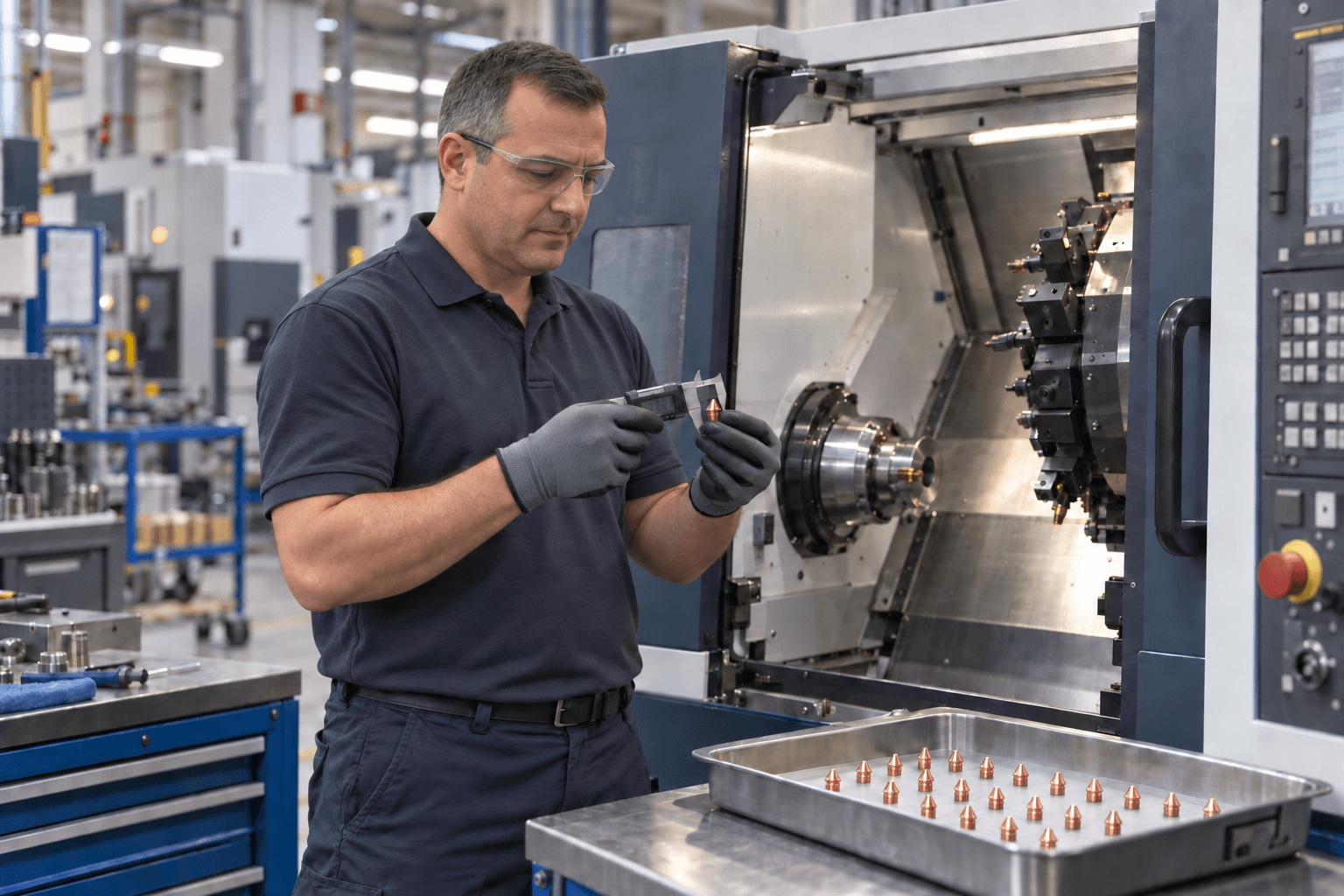 CNC tezgâhı başında kumpasla nozül ölçümü yapan operatör